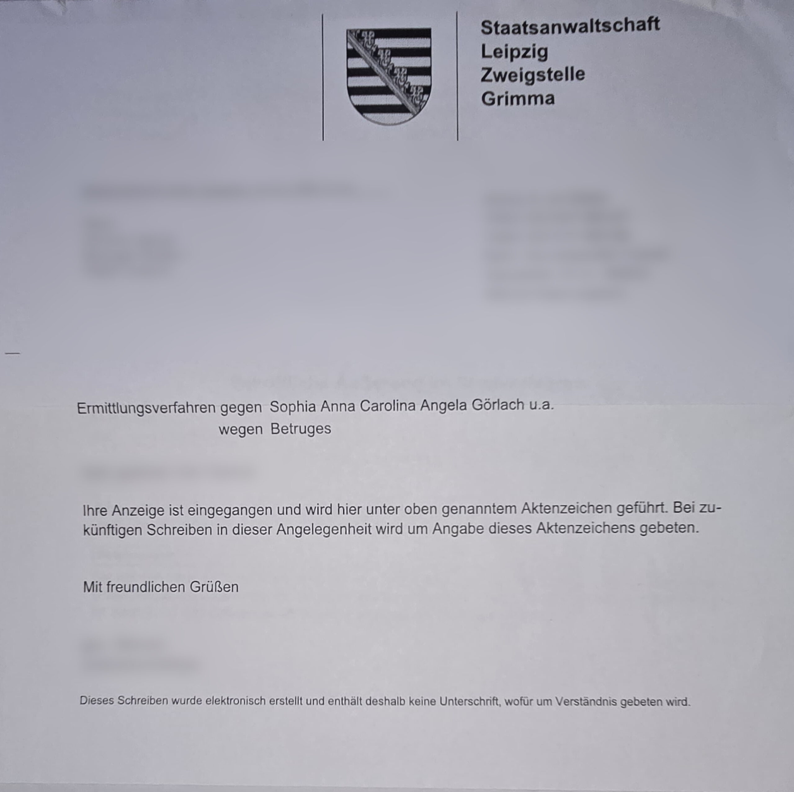 Strafanzeige Sophia Görlach