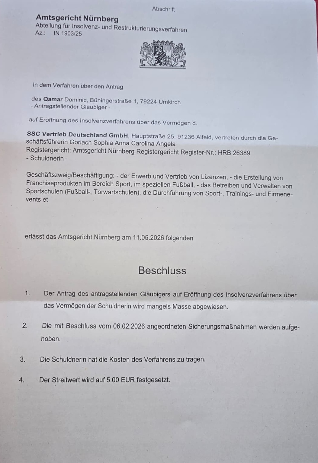 Beschluss Ablehnung mangels Masse SSC Vertrieb Deutschland GmbH