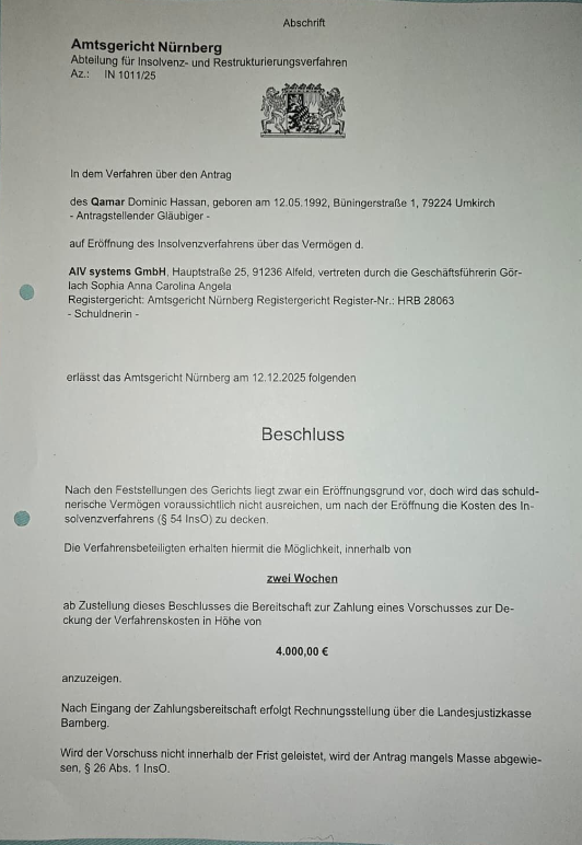Beschluss Ablehnung mangels Masse AIV Systems GmbH